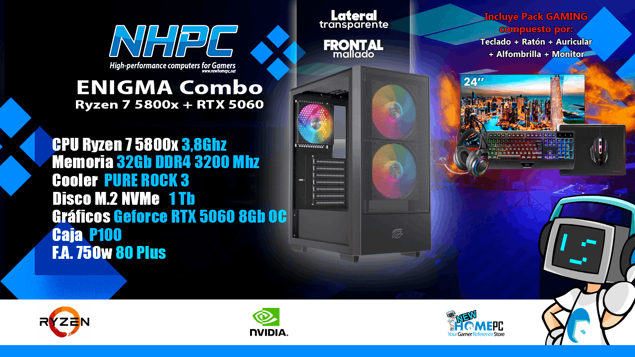 Combo Pc Gaming NHPC ENIGMA - Ryzen 7 5800X - RTX 5060 - 32Gb - 1TB - Monitor - Periféricos